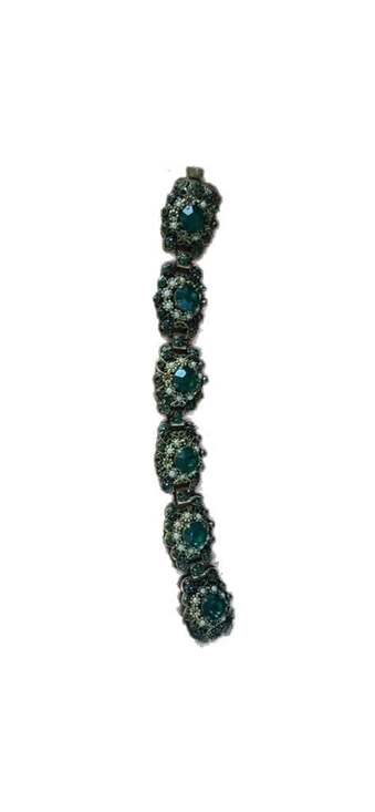 Florenza Jewelry - Vintage Florenza Victorian Link Bracelet with Green Rhinestones and Faux Pearls